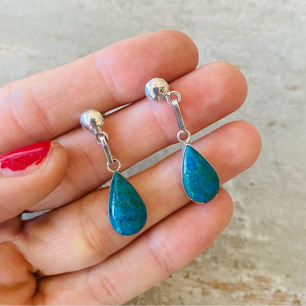 ♥️ Southwestern Style ♥️ Vintage Sterling Silver & Chrysocolla Earrings